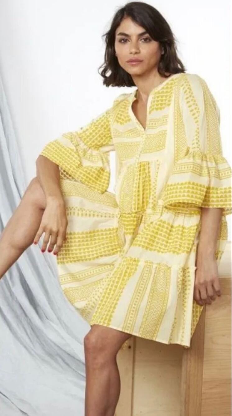 Kopal Batik Split V Neck Tiered Mini Dress Cream & Mustard Size Medium